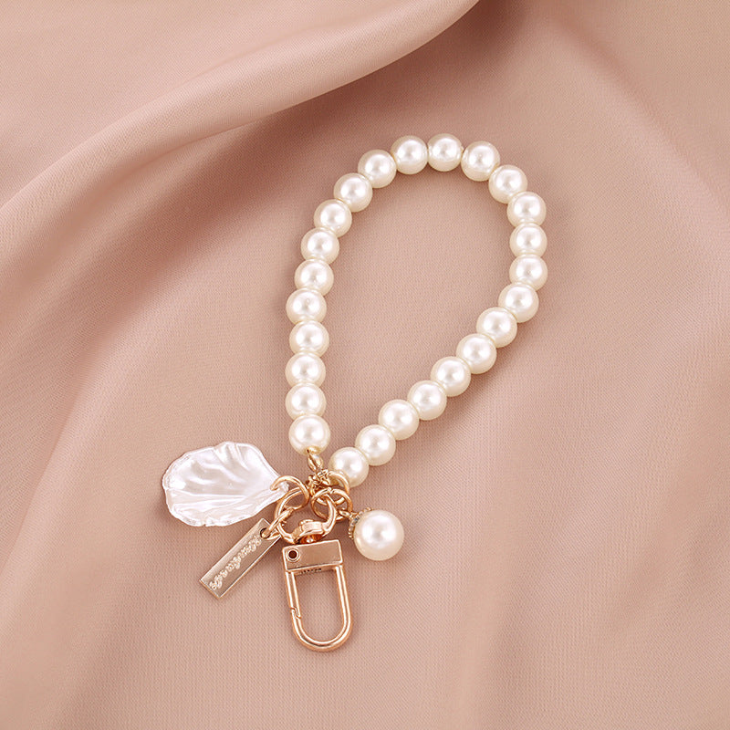Pearl Beaded Love Bracelet Keychain Metal Gold Tone Elegant 6