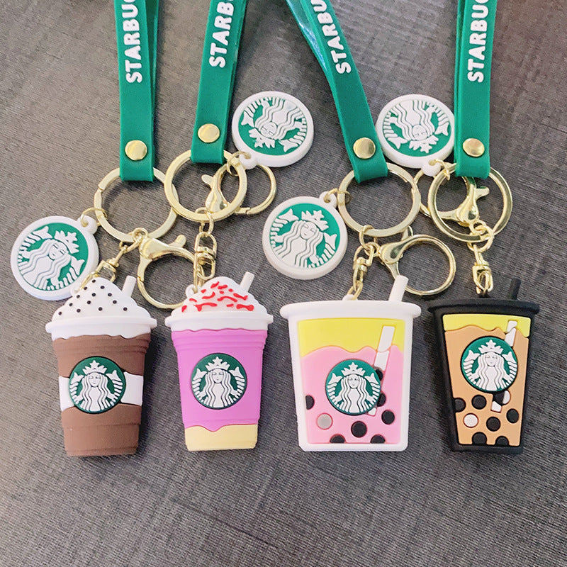 PVC Cup Keychain Colorful Iced Drink Charm with Green Strap