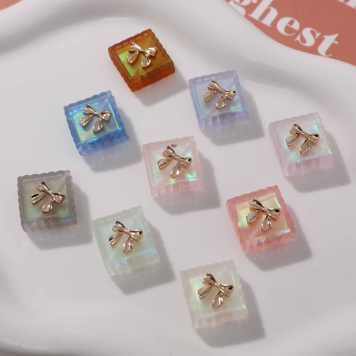 Matte Lace Bow Square Resin Beads 13mm Pastel Colors 10pcs