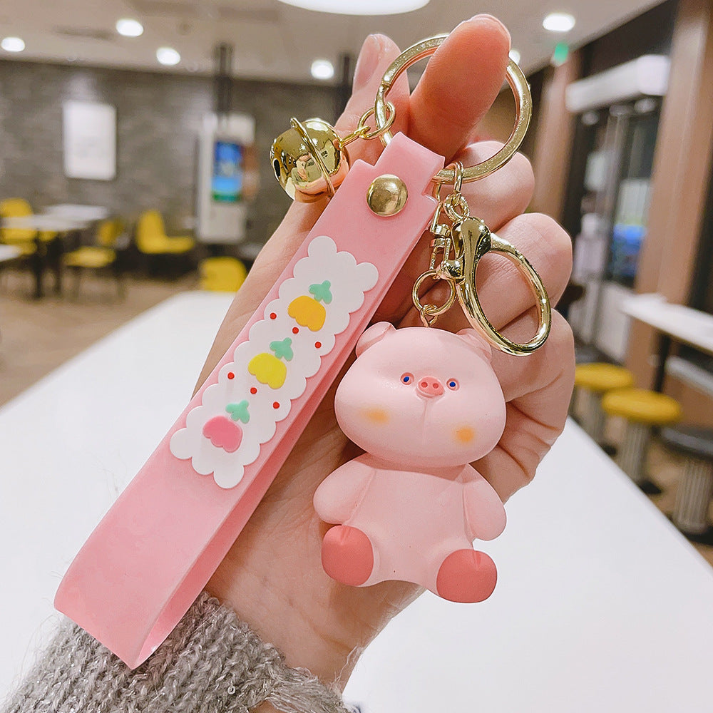Cartoon Resin Animal Keychain Piglet Dinosaur with Fruit Strap and Bell 6