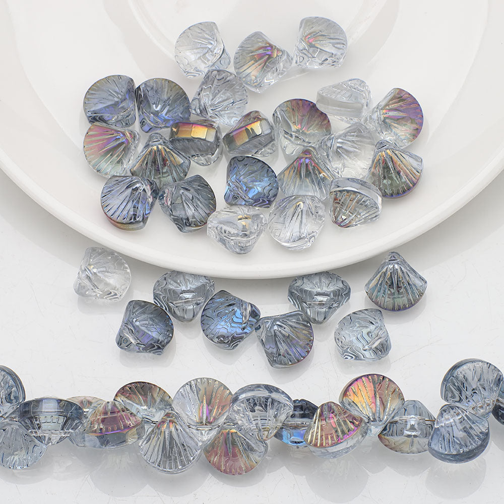 Electroplated Shell Glass Beads 10mm Glossy Ridged Surface 60pcs 13