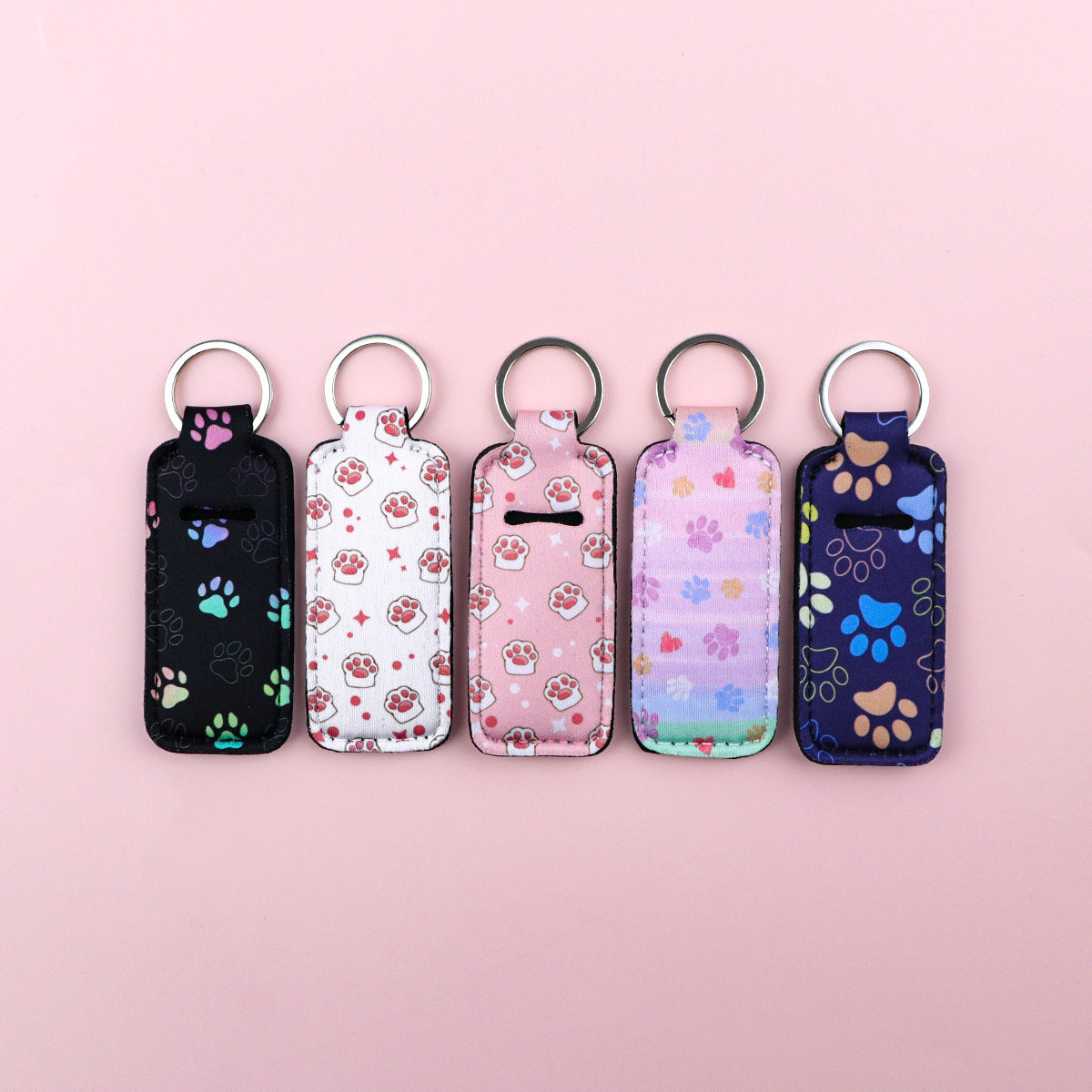 Paw Print Chapstick Holder Neoprene Functional Keychain 3pcs 4