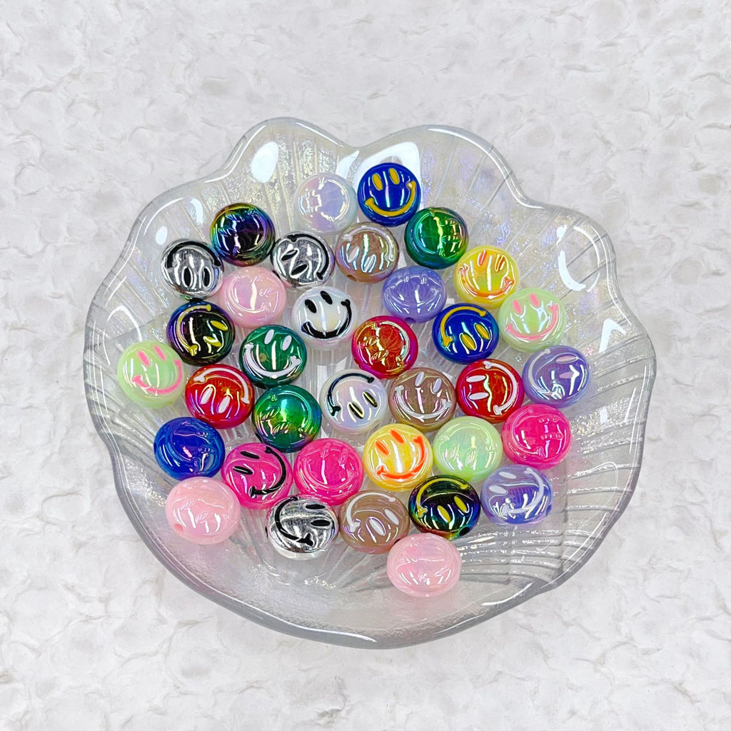 UV Plating Flat Round Acrylic Beads 15mm Glossy Smiley Face 1pc 3