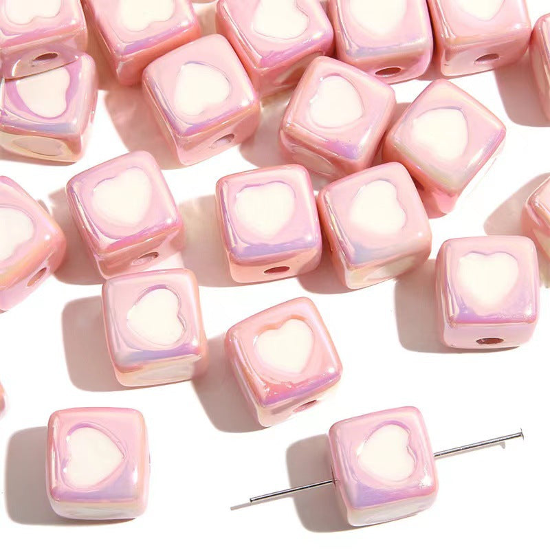 Plating Heart Acrylic Square Beads 12mm Glossy Two-Color 50pcs 3