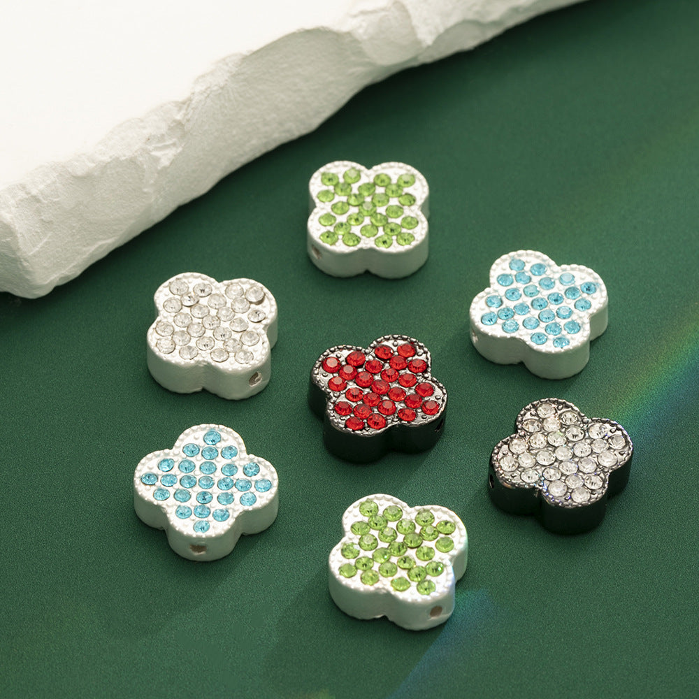 Four-Leaf Clover Rhinestone Beads 16mm Alloy Pave 10pcs