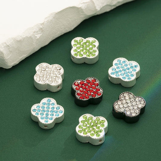 Four-Leaf Clover Rhinestone Beads 16mm Alloy Pave 10pcs
