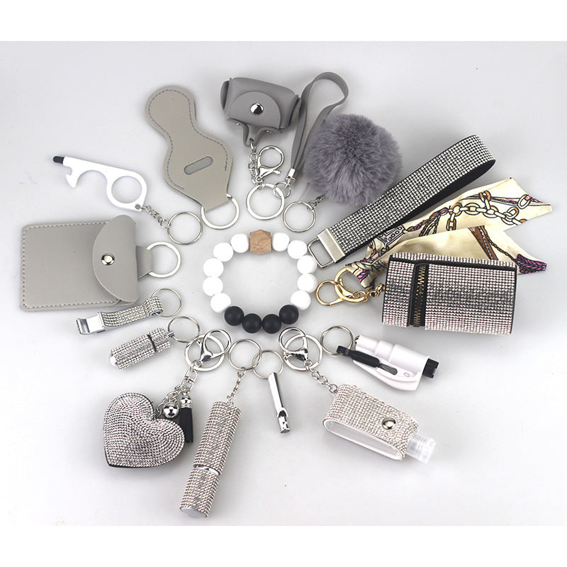 Self Defense Keychain Set Rhinestone Pom Pom Metal 15pcs 4