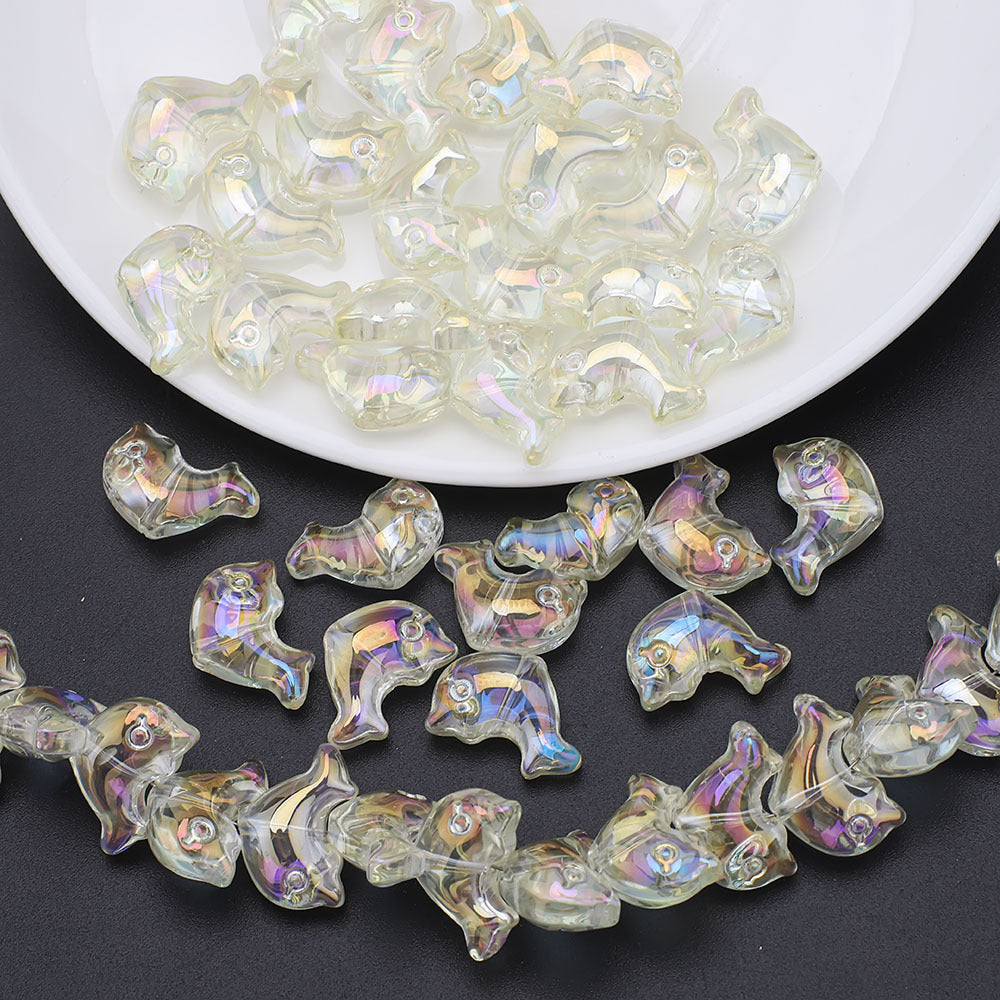 Plating 3D Dolphin Glass Beads 11x16mm Iridescent Colors 30pcs 19