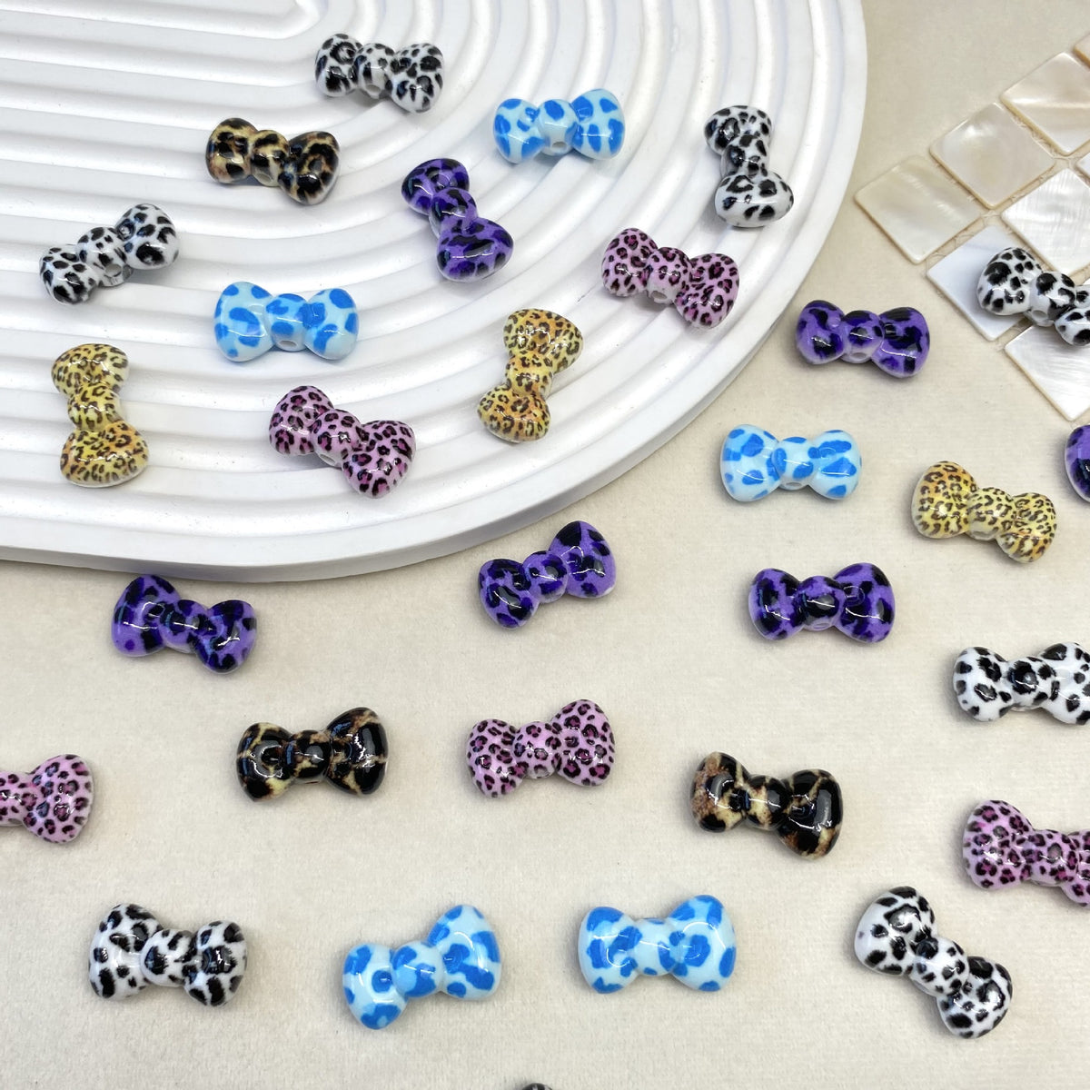 Leopard Print Bow Acrylic Beads 20mm Colorful Mixed 50pcs