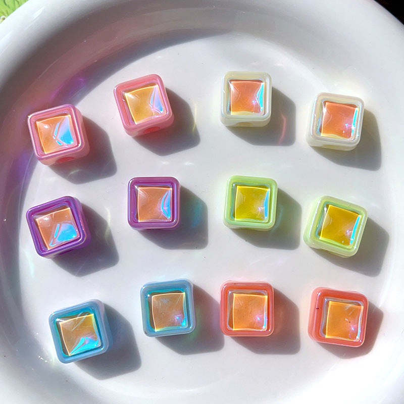 UV Plating Square Acrylic Beads 10mm Colorful Imitation Opal 10pcs