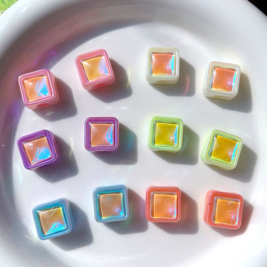 UV Plating Square Acrylic Beads 10mm Colorful Imitation Opal 10pcs