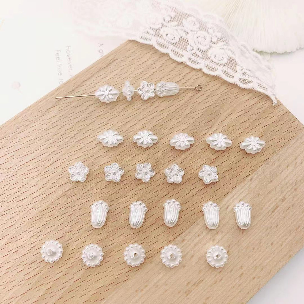Vintage Showa Style Imitation Pearl Acrylic Beads Creamy Floral 100pcs 2