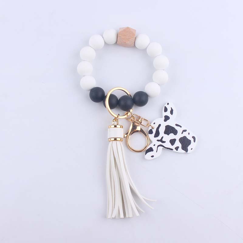 Silicone Beaded Wristlet Keychain with Leather Tassel and Cow Print Charm 10