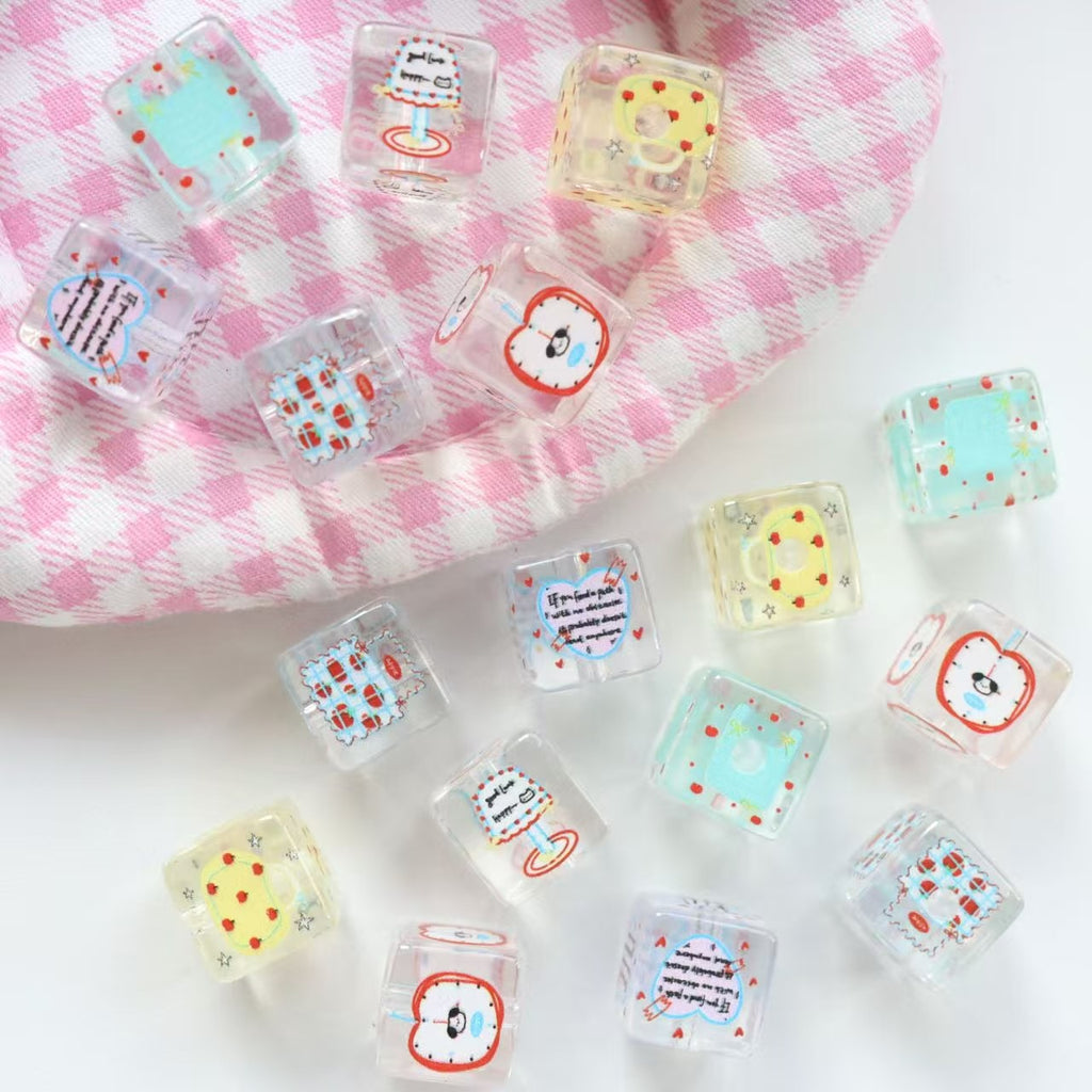 Clear Square Acrylic Beads 14mm Pastel Printed Designs 20pcs