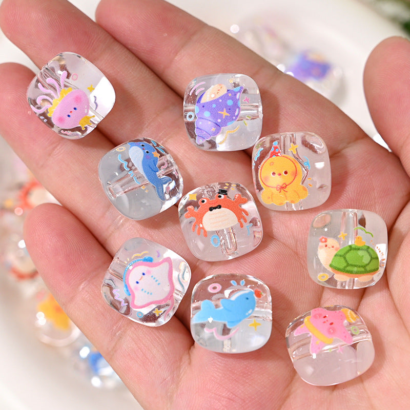 Clear Marine Creature Square Acrylic Beads 15mm Printed 10pcs 3