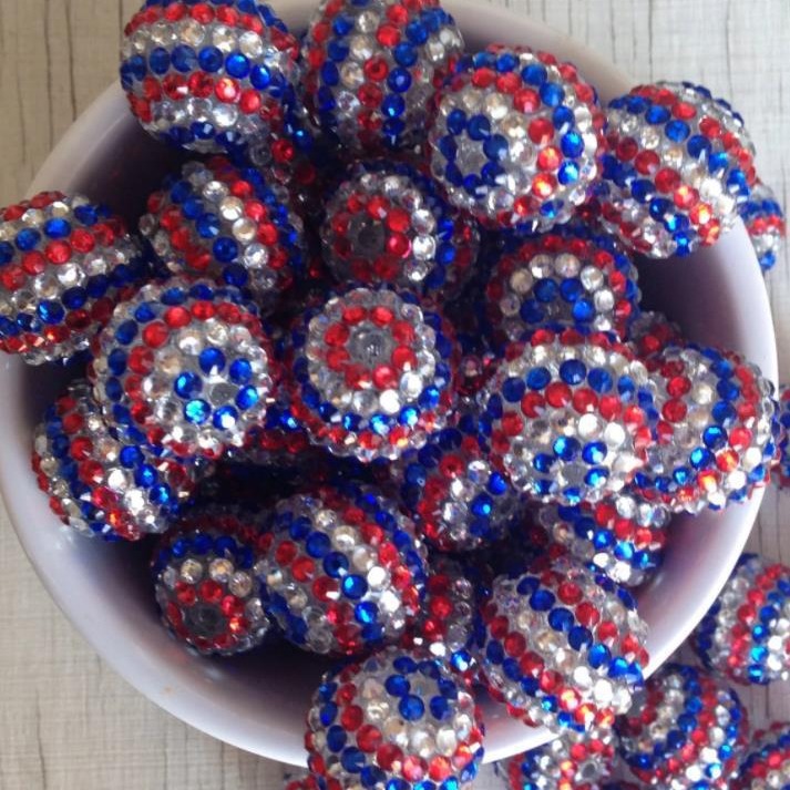 Rhinestone Bubblegum Beads 16-22mm Patriotic Striped Red White Blue 5pcs