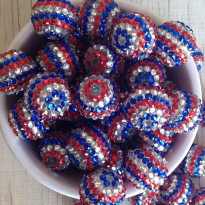 Rhinestone Bubblegum Beads 16-22mm Patriotic Striped Red White Blue 5pcs