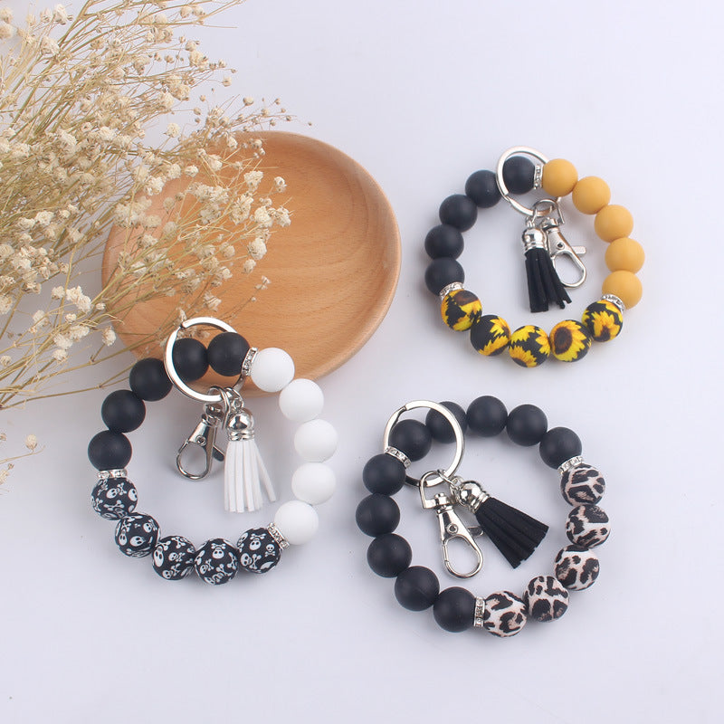 Tassel Leopard Print Silicone Bead Wristlet Keychain Soft Matte