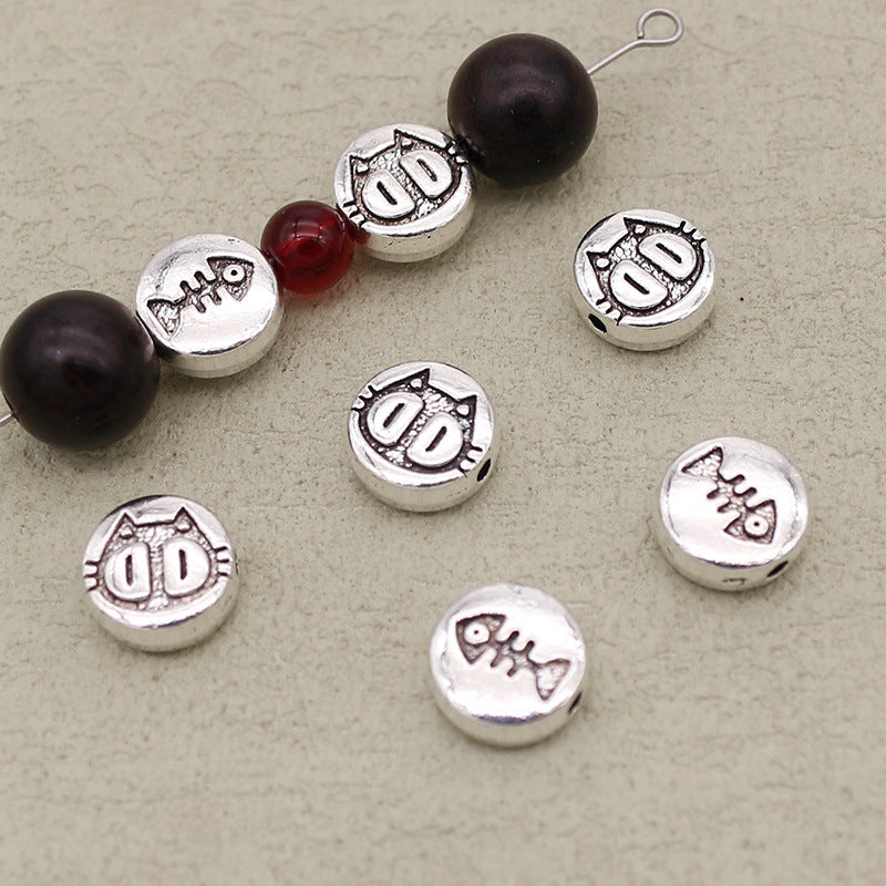 Flat Metal Beads 10mm Double Sided Kitten Fish Bone Engraving 40pcs 2