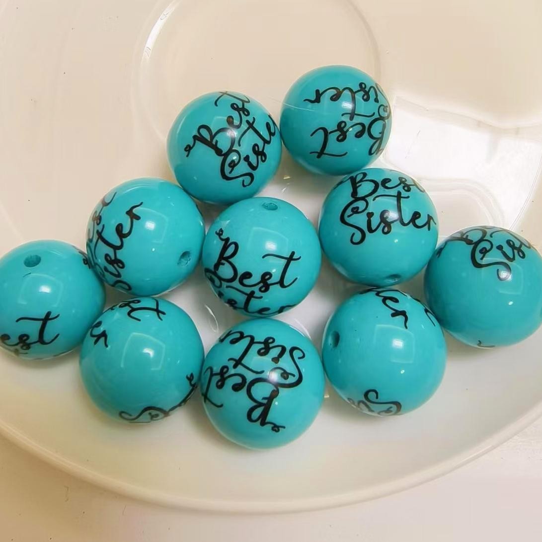 Printed Bubblegum Beads 20mm Blue Best Sister Text 20pcs