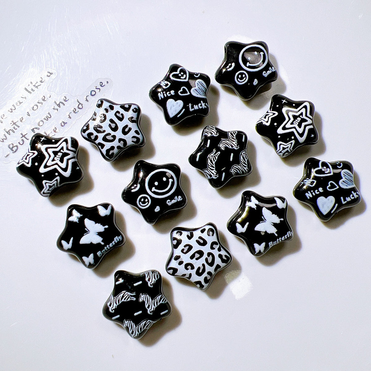 Embossed Star Acrylic Beads 26mm Black and White Tone 10pcs