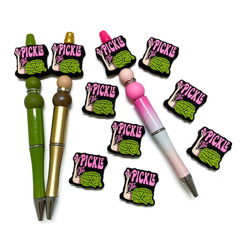 Silicone Focal Beads Vpickle Polychrome Graphic Pink Lettering 20pcs 4