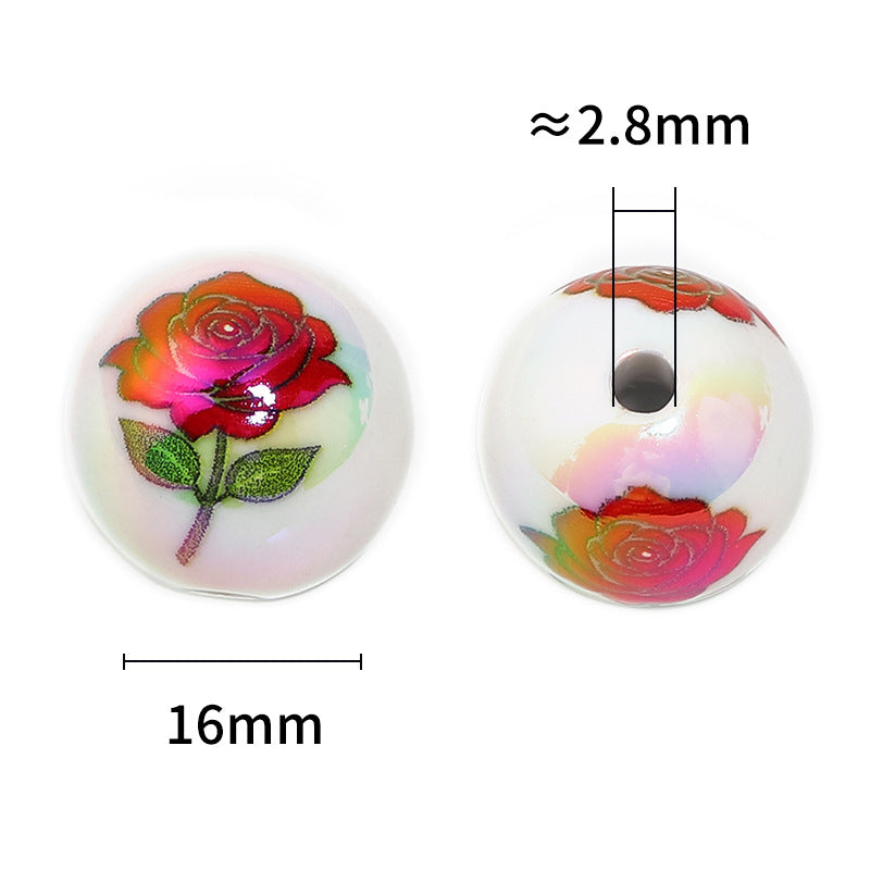 Plating Round Acrylic Beads 16mm Valentine Rose Printed 50pcs 3
