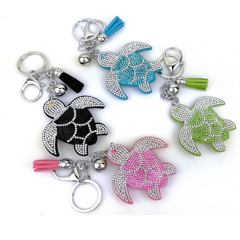 Cartoon Turtle Rhinestone Keychain with Leather Tassel Zinc Alloy