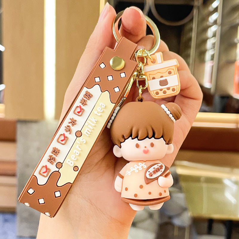 Silicone Cartoon Couple Keychain Bubble Tea Bear Charm with Strap 6