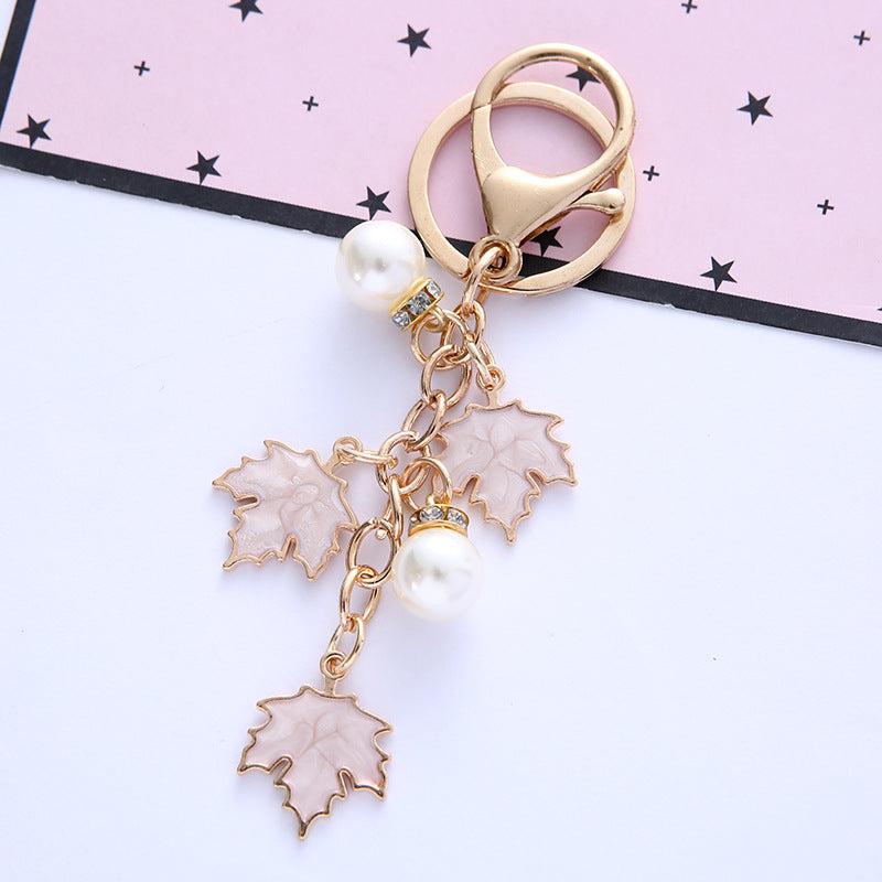 Alloy Maple Leaf Keychain with Faux Pearl Gold Tone 8