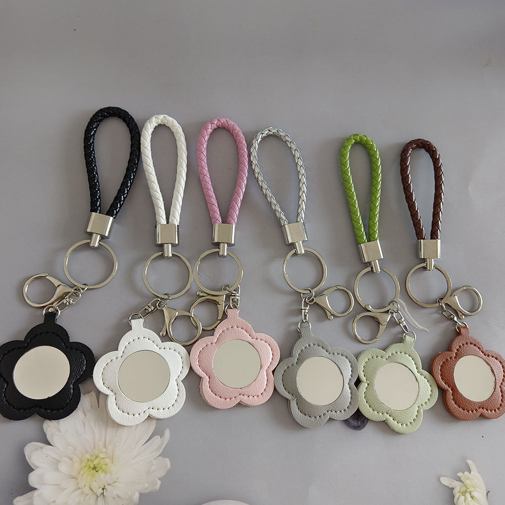 Colorful PU Leather Flower Mirror Wristlet Keychain 3pcs 6