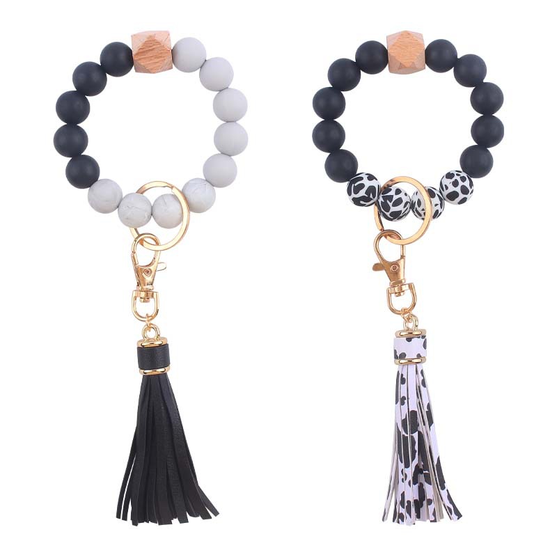 Silicone Beaded Wristlet Keychain with PU Tassel and Wood Accent