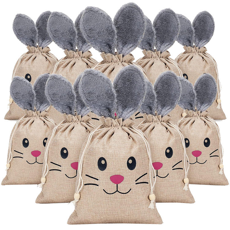 Linen Drawstring Gift Bags with Grey Furry Rabbit Ears 20x26cm 10pcs