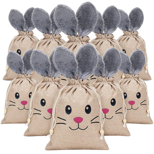 Linen Drawstring Gift Bags with Grey Furry Rabbit Ears 20x26cm 10pcs