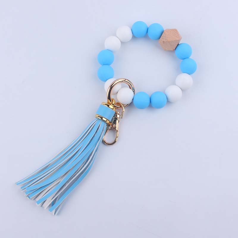 Silicone Beaded Wristlet Keychain with Leather Tassel and Octagonal Wood Accent 7