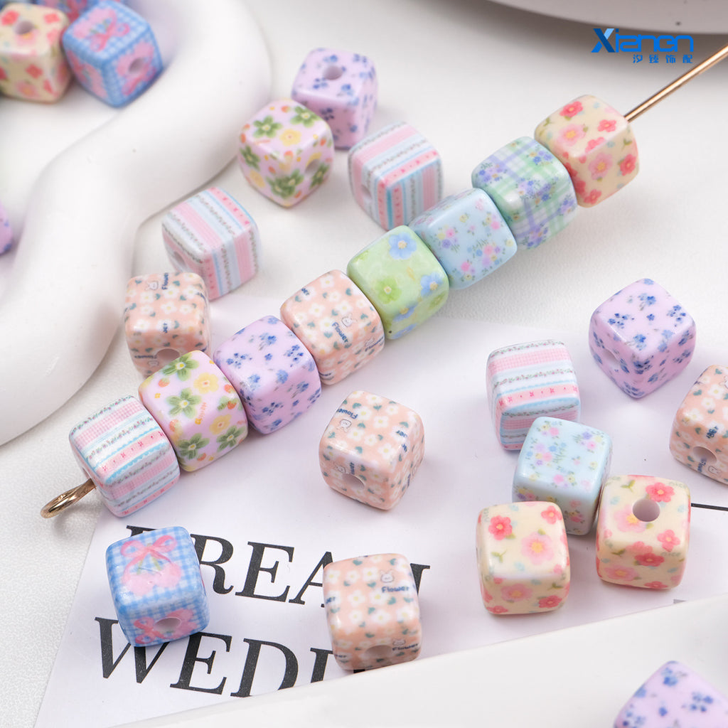 Vintage Spring Floral Plaid Square Acrylic Beads 13mm 50pcs