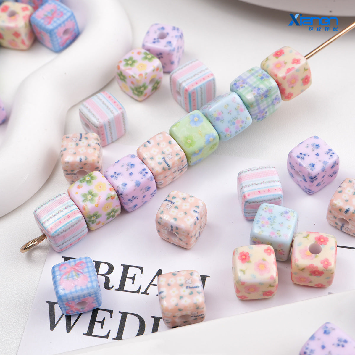 Vintage Spring Floral Plaid Square Acrylic Beads 13mm 50pcs