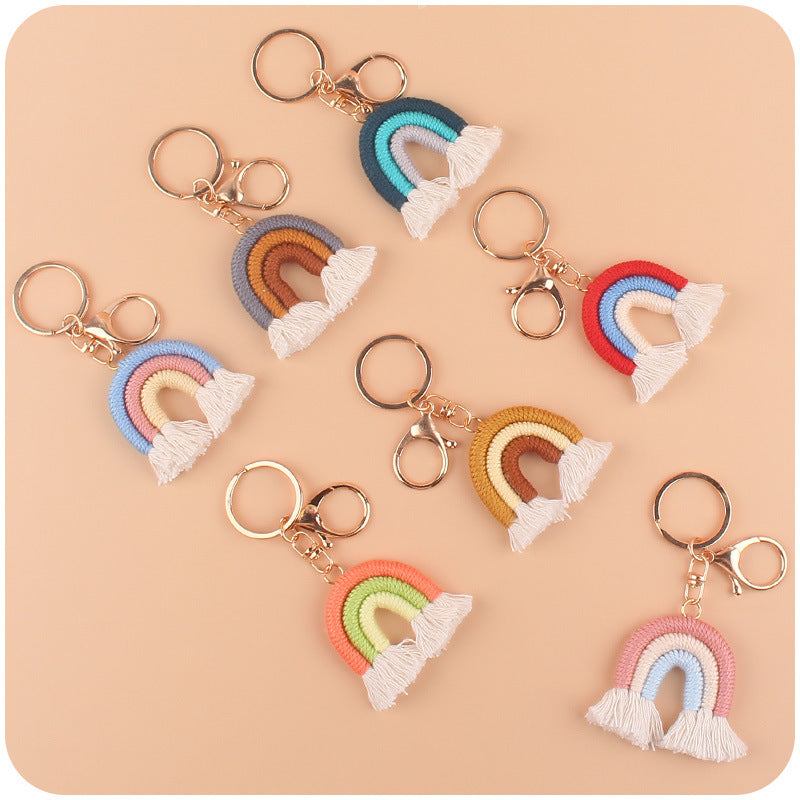 Cotton Braided Tassel Crochet Rainbow Keychain Plush Material