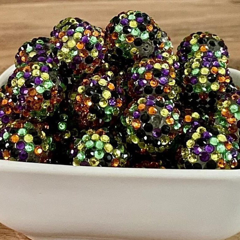 Rhinestone Bubblegum Beads 10-22mm Halloween Green Purple Mosaic 5pcs