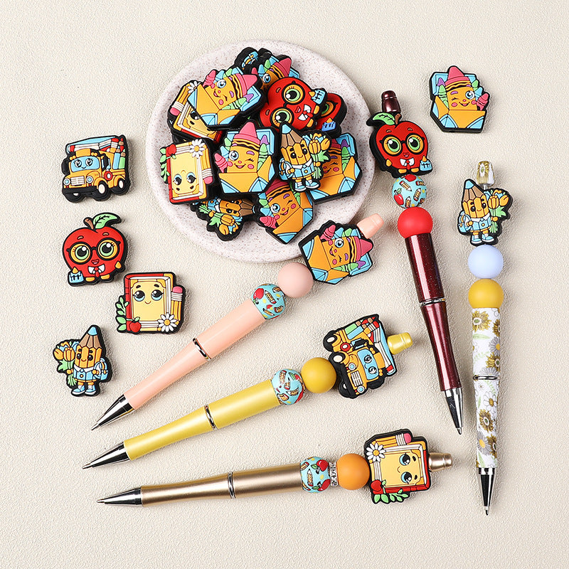 Silicone Focal Beads Cartoon Pencil Apple Holding Book 20pcs 2