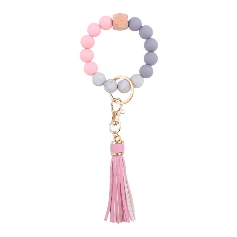 Silicone Beaded Wristlet Keychain with PU Tassel and Wood Accent 10