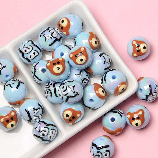 Hand Painted Bear Acrylic Beads 16mm Glossy Single Piece
