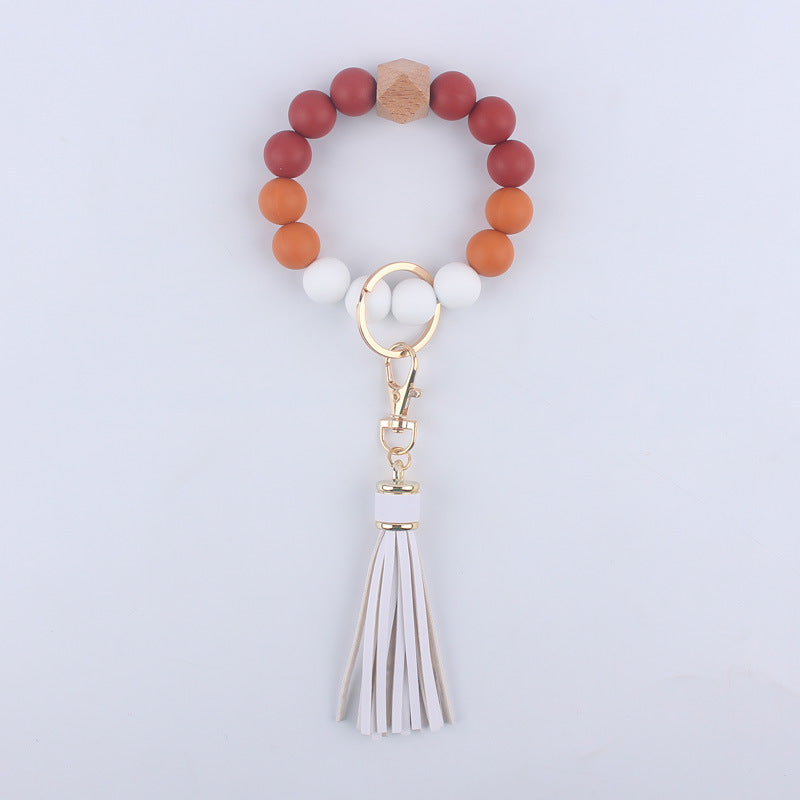 Silicone Beaded Wristlet Keychain with Wooden Beads and Leather Tassel 8cm 12