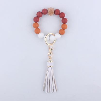 Silicone Beaded Wristlet Keychain with Wooden Beads and Leather Tassel 8cm 12