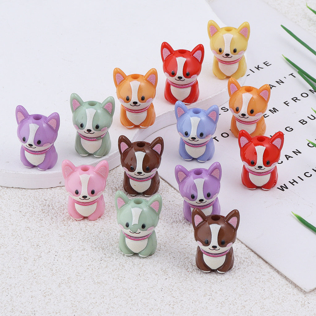 Painted 3D Corgi Acrylic Beads 16x23mm Colorful Mixed 10pcs