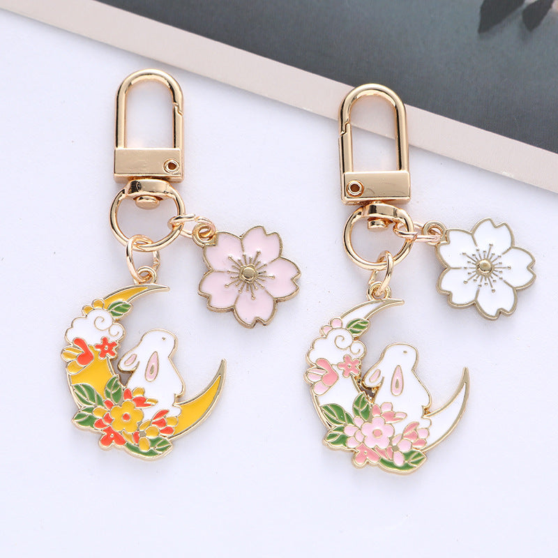 Metal Rose Rabbit Moon Wreath Keychain with Pastel Flower Charm