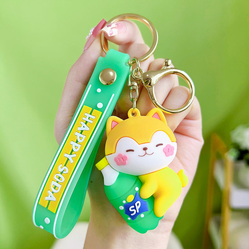 PVC Animal Cartoon Piglet Keychain with Soda Bottle Red Pink 6