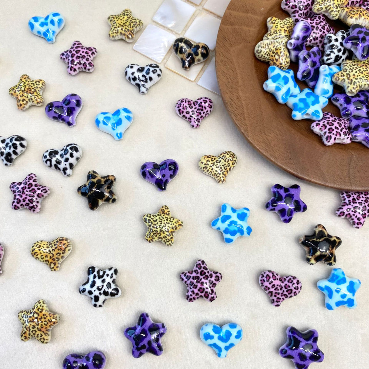 Leopard Print Heart Star Acrylic Beads 20mm Mixed Colors 50pcs