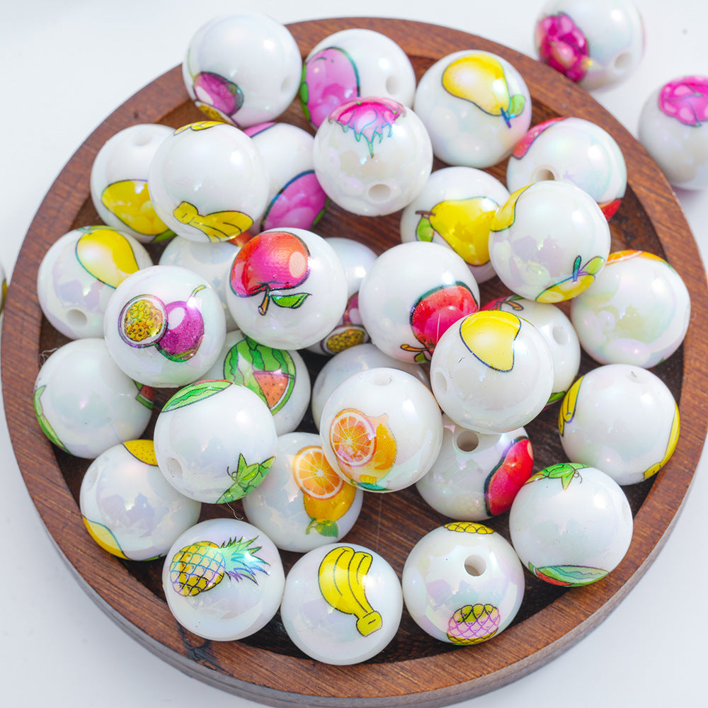 Plating Round Acrylic Beads 16mm Fresh Fruit Printed Glossy 20pcs 2