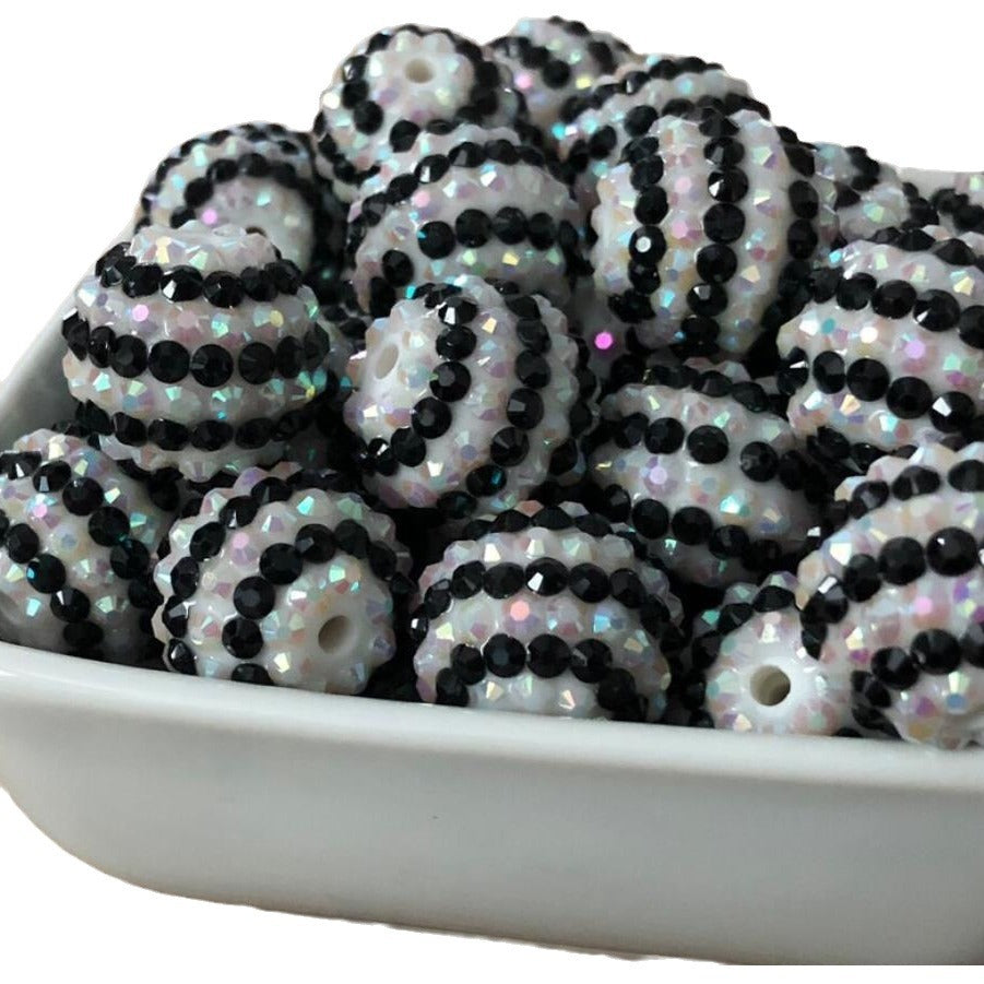 Striped Rhinestone Bubblegum Beads 16-22mm Black and White Resin 5pcs 3
